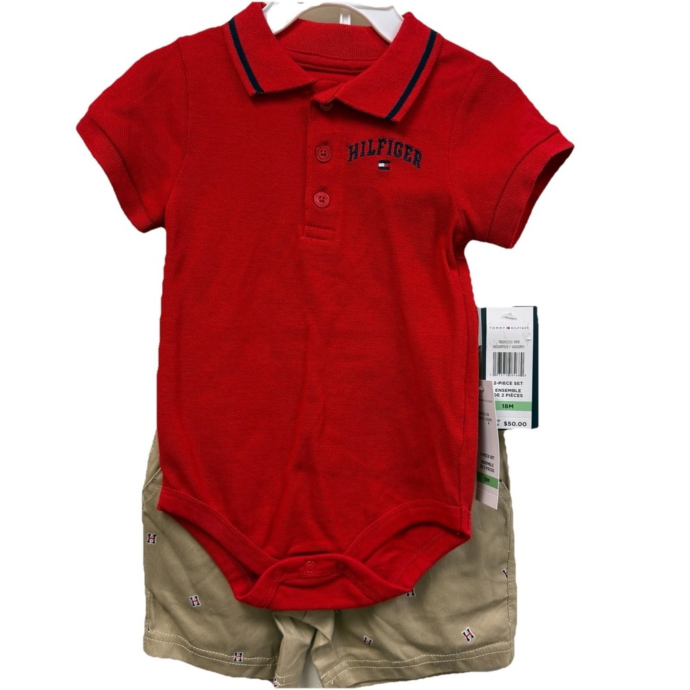 NWT Tommy Hilfiger Baby Boys 2Pc Polo Bodysuit Shorts Set Red Khaki 18M